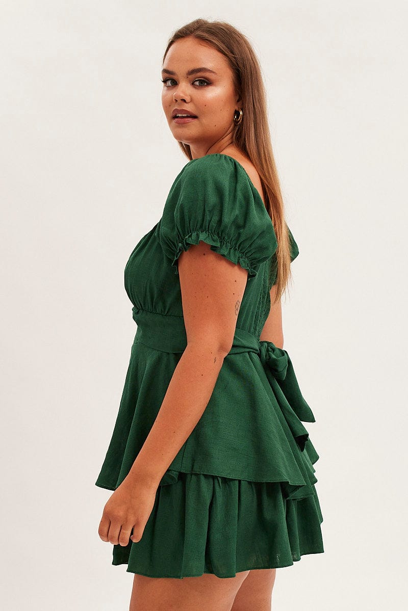 Green Short Playsuit Puff Sleeve Linen Blend for YouandAll Fashion