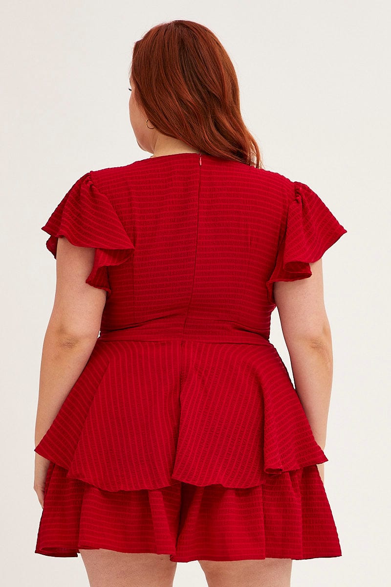 RED Short Playsuit Flare Sleeve Textured Stripe