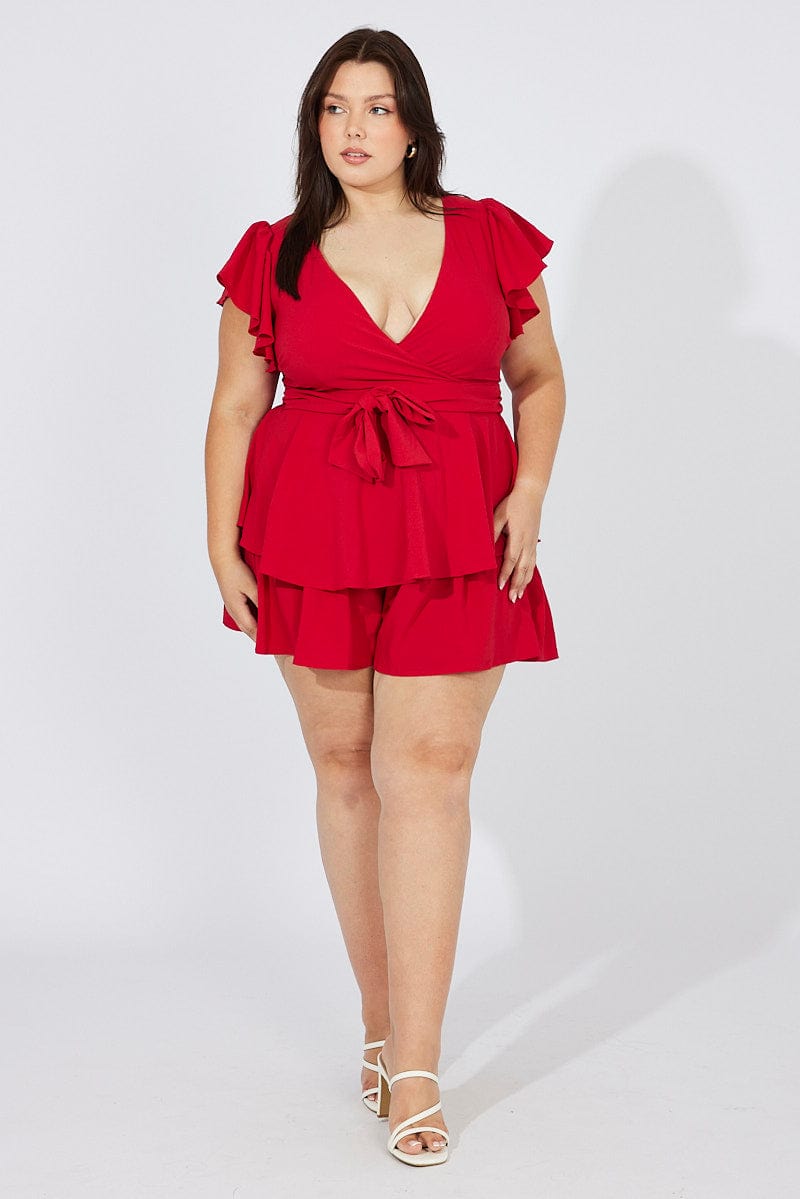 Red Short Playsuit Textured Flutter Sleeve Tie Waist for YouandAll Fashion