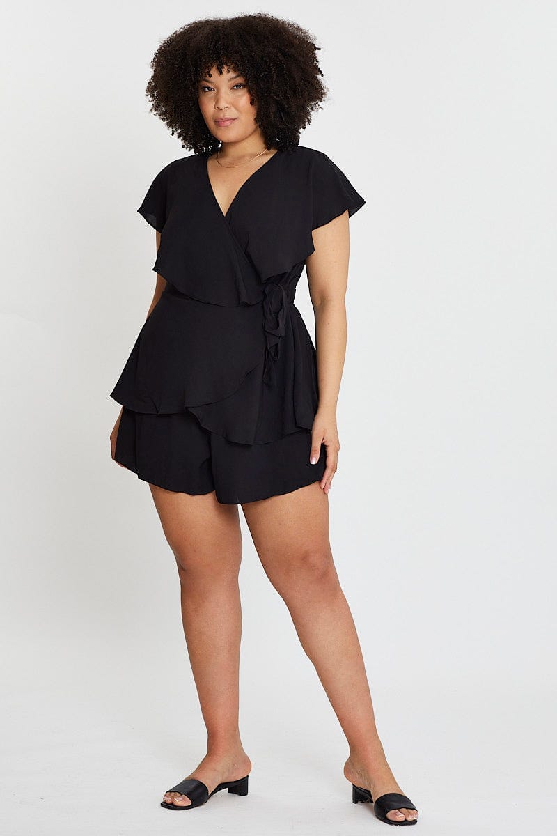 Black Short Sleeve Blue Frill Playsuit For Women By You And All