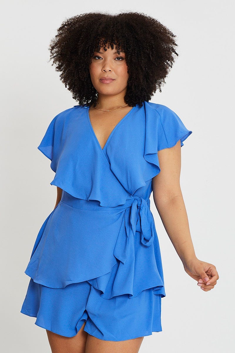 Mid Blue Short Sleeve Blue Frill Playsuit For Women By You And All