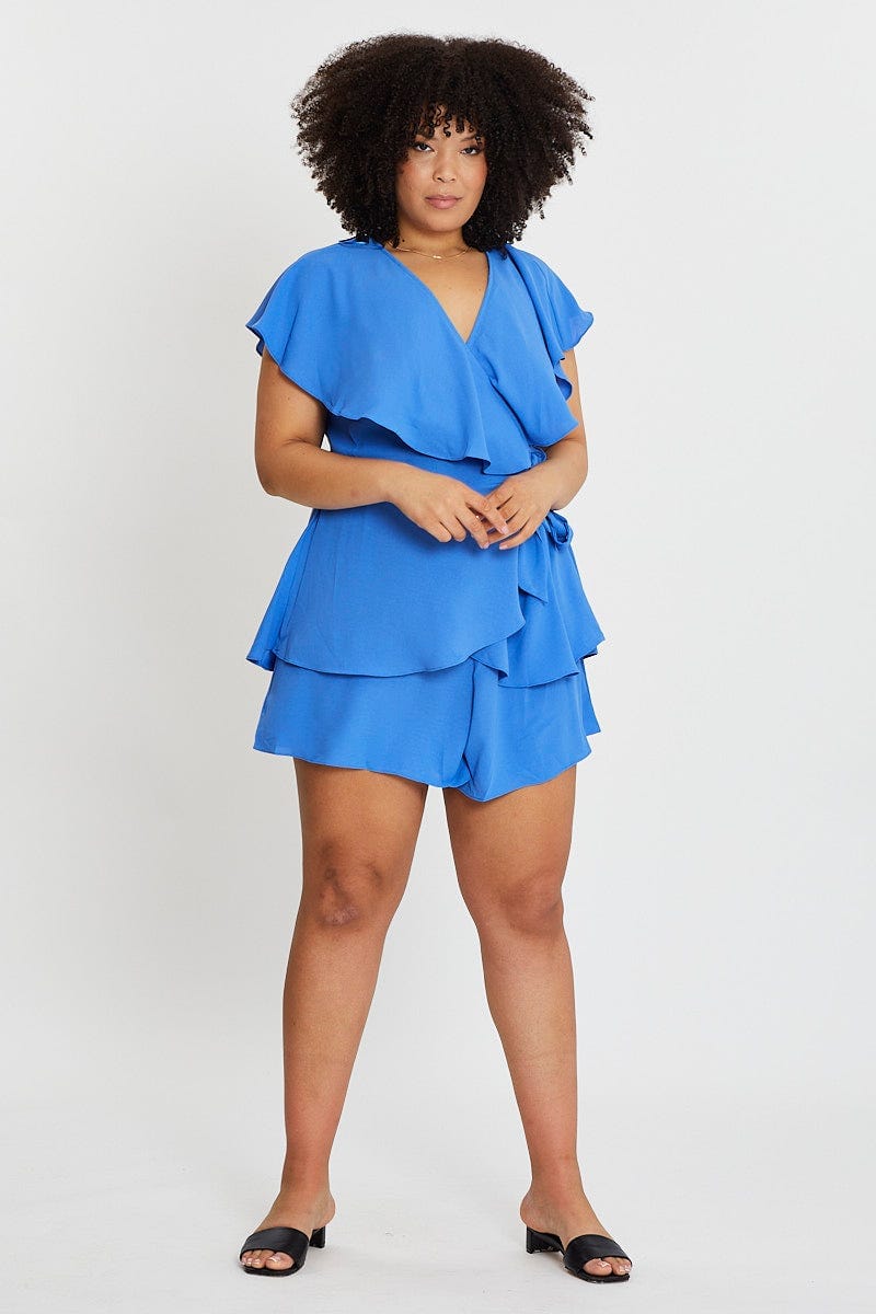 Mid Blue Short Sleeve Blue Frill Playsuit For Women By You And All