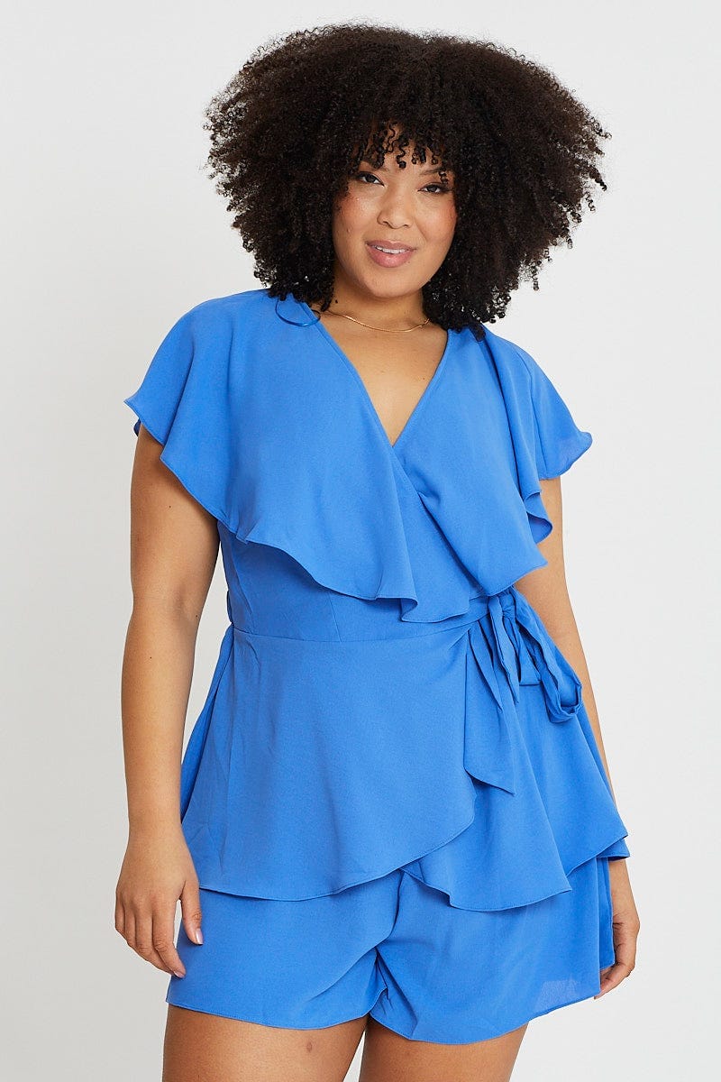 Mid Blue Short Sleeve Blue Frill Playsuit For Women By You And All