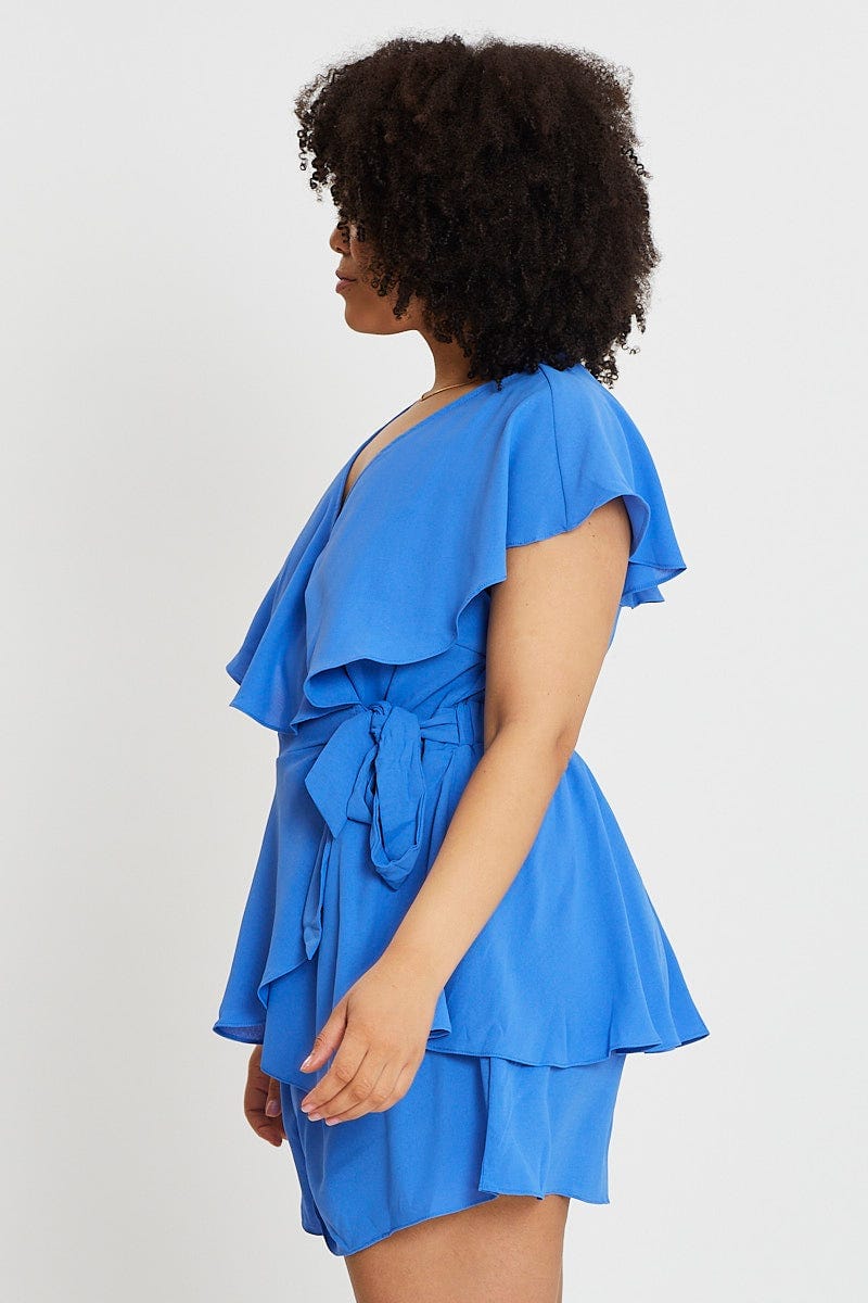 Mid Blue Short Sleeve Blue Frill Playsuit For Women By You And All