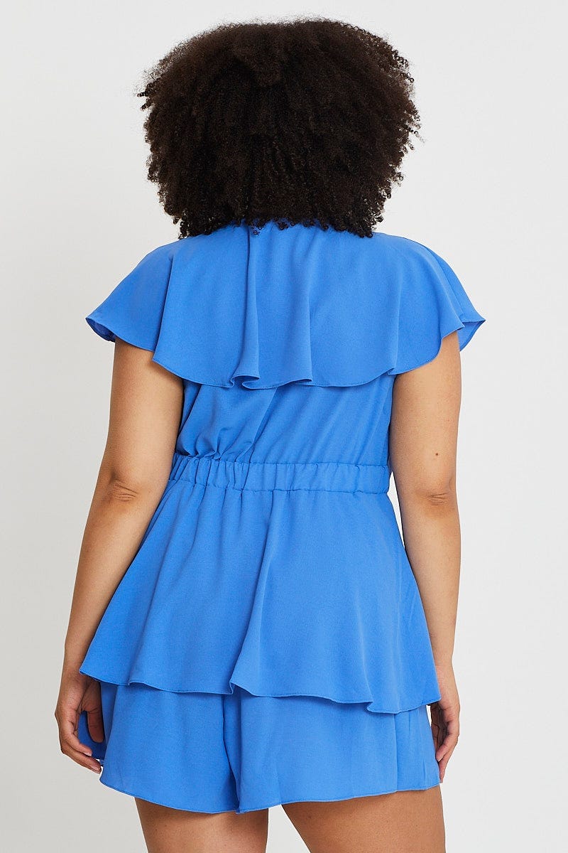 Mid Blue Short Sleeve Blue Frill Playsuit For Women By You And All