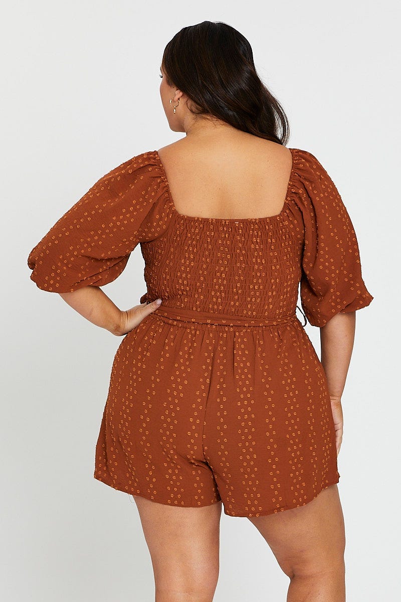 Rust 3/4 Sleeve Shirred Bodice Playsuit for Women by You and All