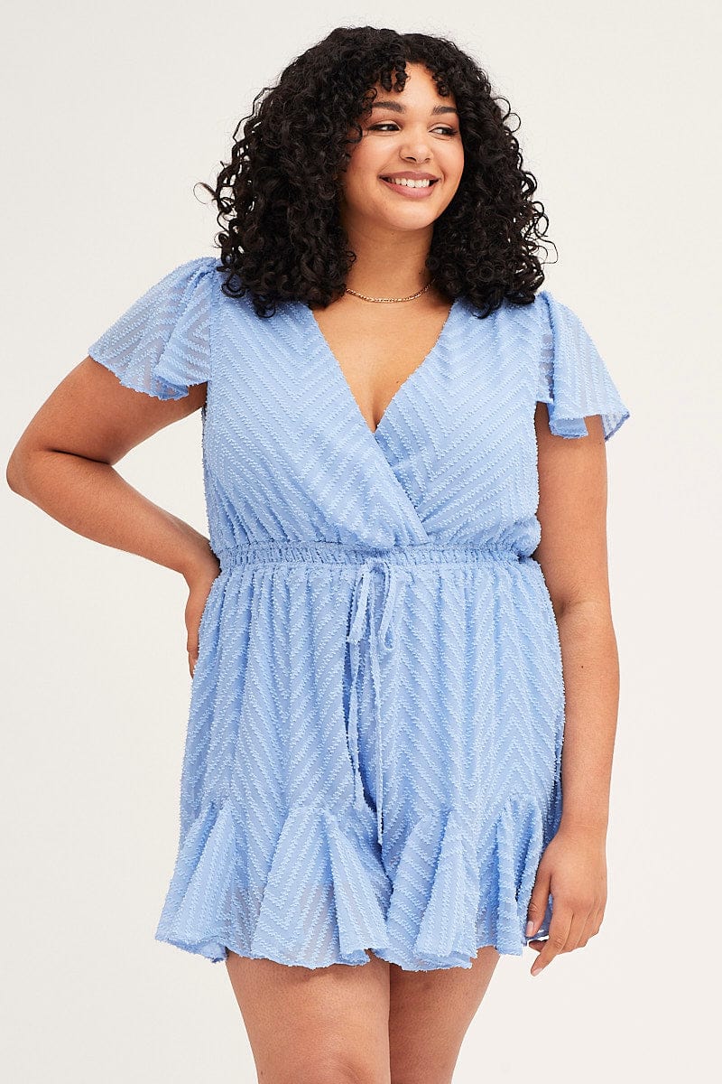 Mid Blue Textured Flutter Sleeve Playsuit for Women by You + All