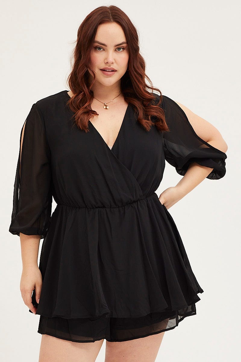 Black Playsuit Three-Quarter Sleeve Waist Tie For Women By You And All