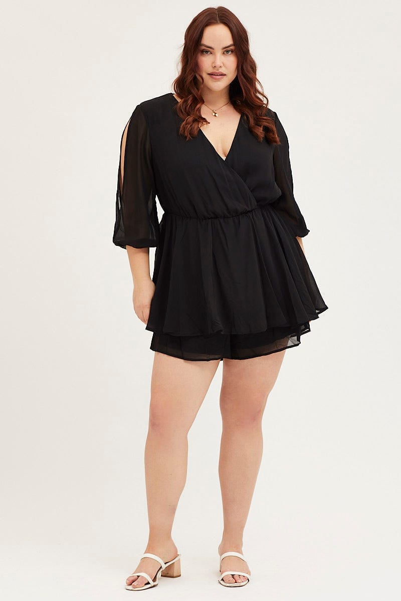Black Playsuit Three-Quarter Sleeve Waist Tie For Women By You And All