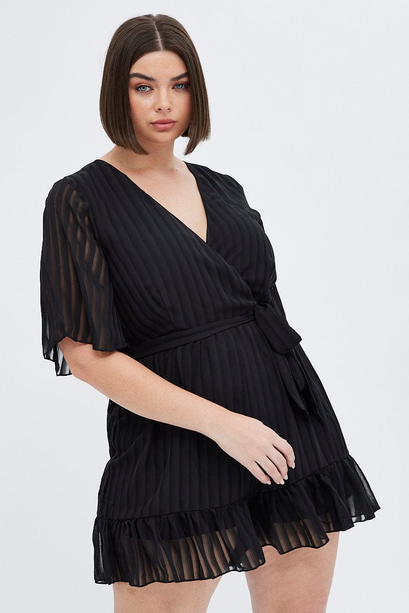 Black Frill Playsuit Short Sleeve Self Stripe for YouandAll Fashion