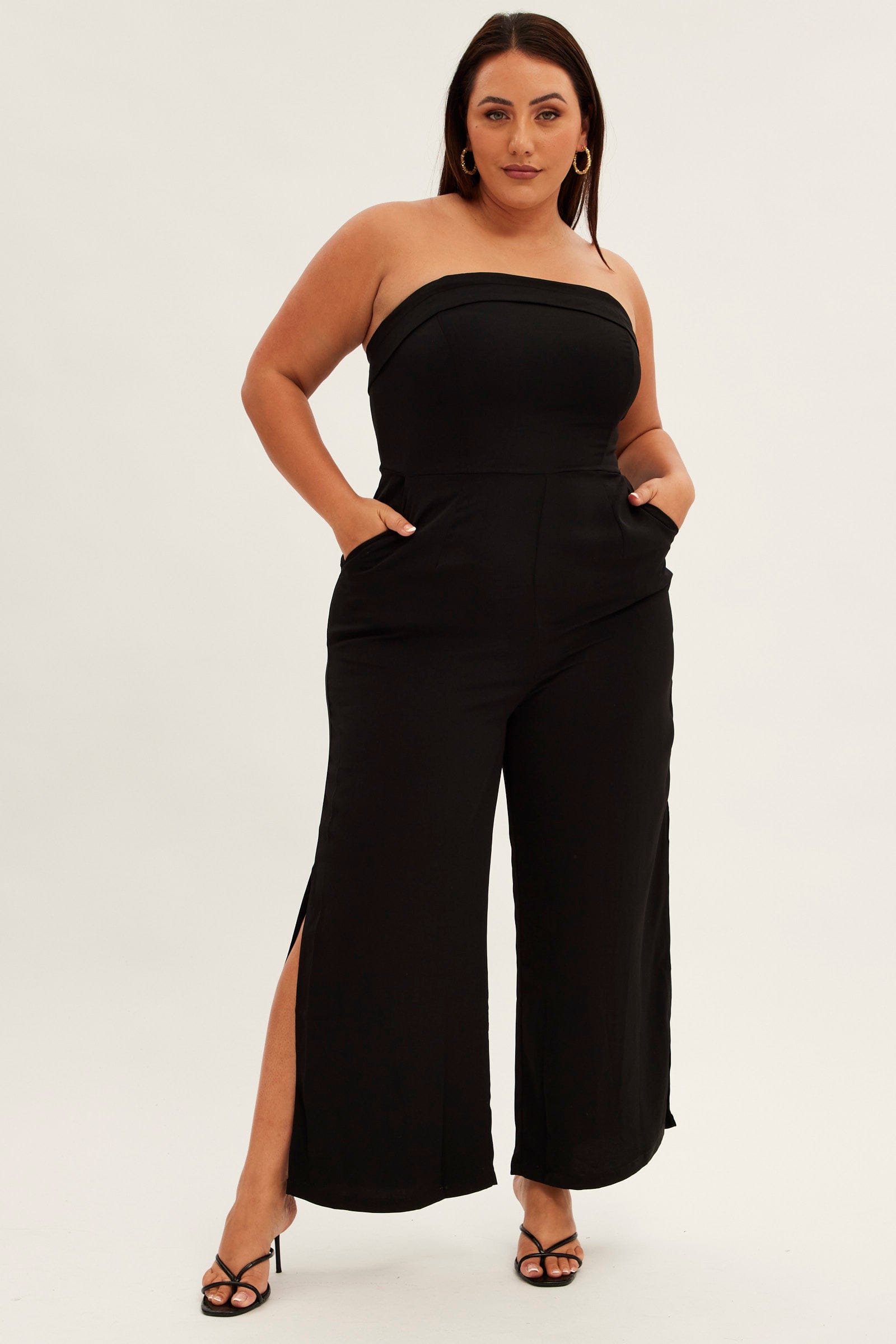 Black Strapless Jumpsuit Detachable Straps Split Leg for YouandAll Fashion
