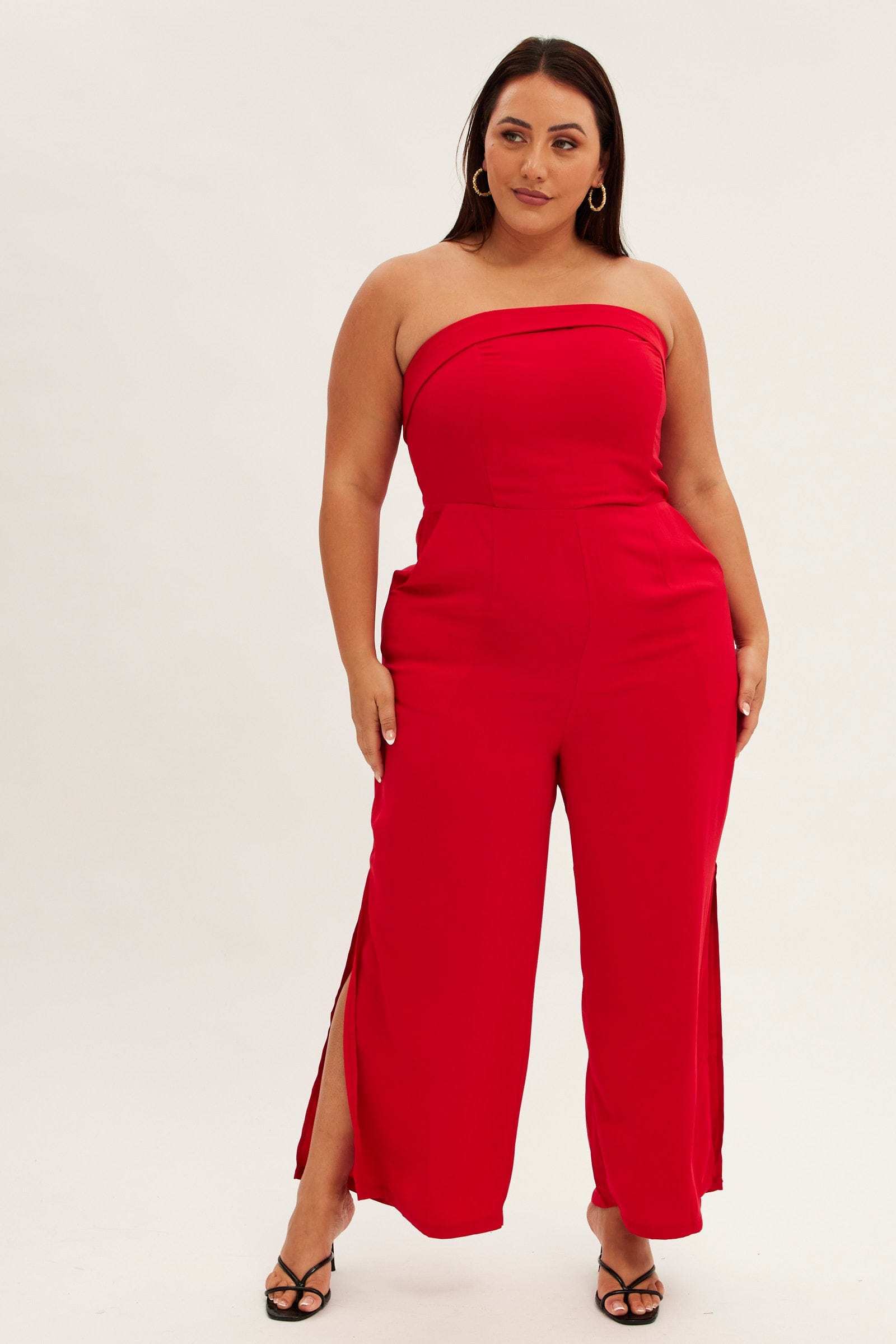 Red Strapless Jumpsuit Detachable Straps Split Leg for YouandAll Fashion