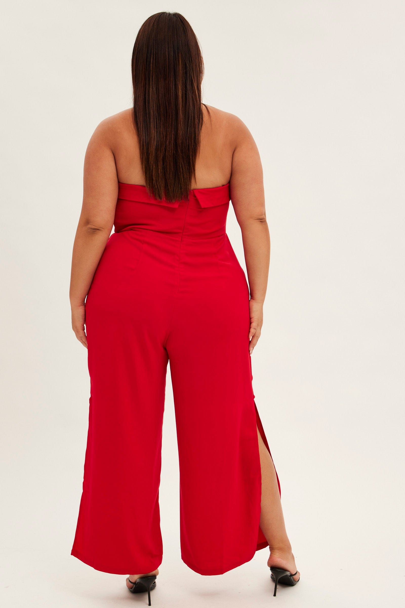 Red Strapless Jumpsuit Detachable Straps Split Leg for YouandAll Fashion