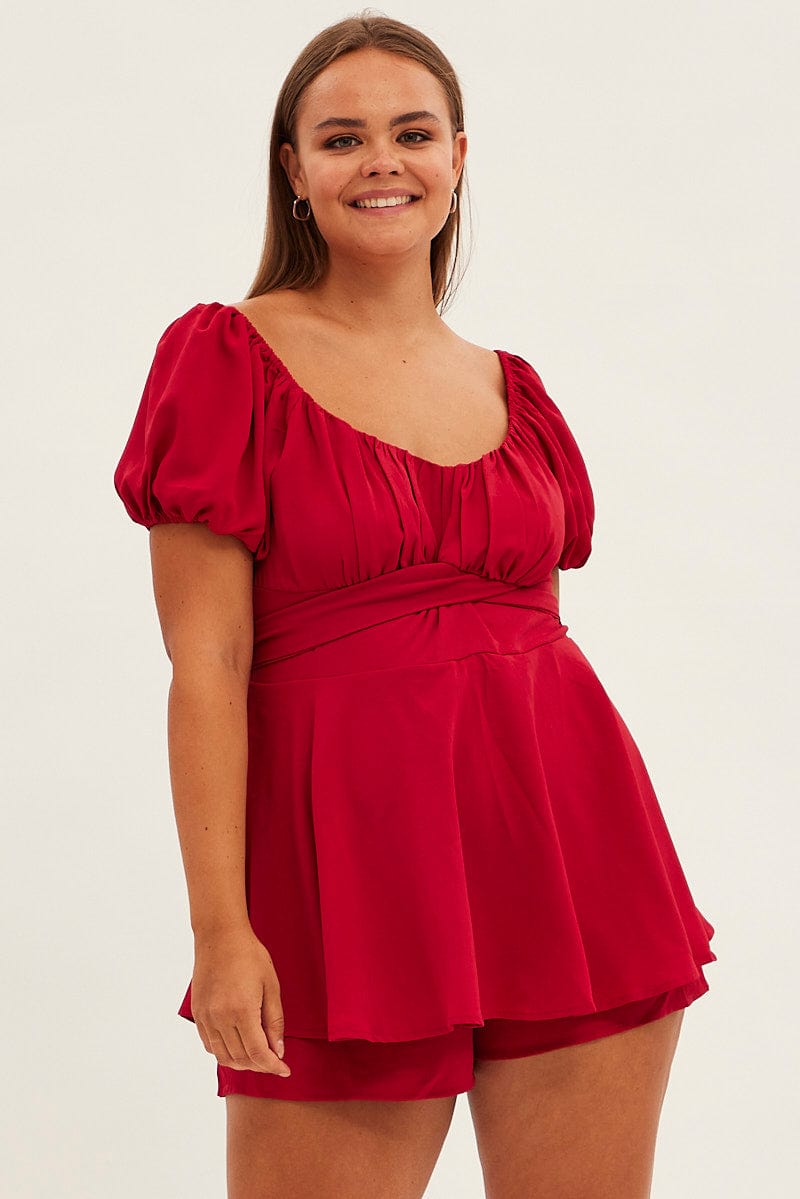 Red Tie Playsuit Short Sleeve Sweetheart Neck for YouandAll Fashion