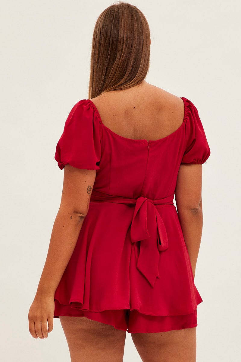 Red Tie Playsuit Short Sleeve Sweetheart Neck for YouandAll Fashion