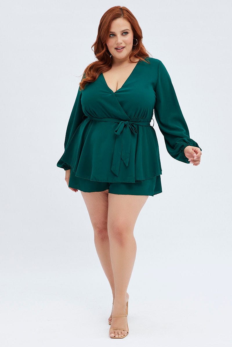 Green Short Playsuit Textured Crepe Long Sleeve Waist for YouandAll Fashion