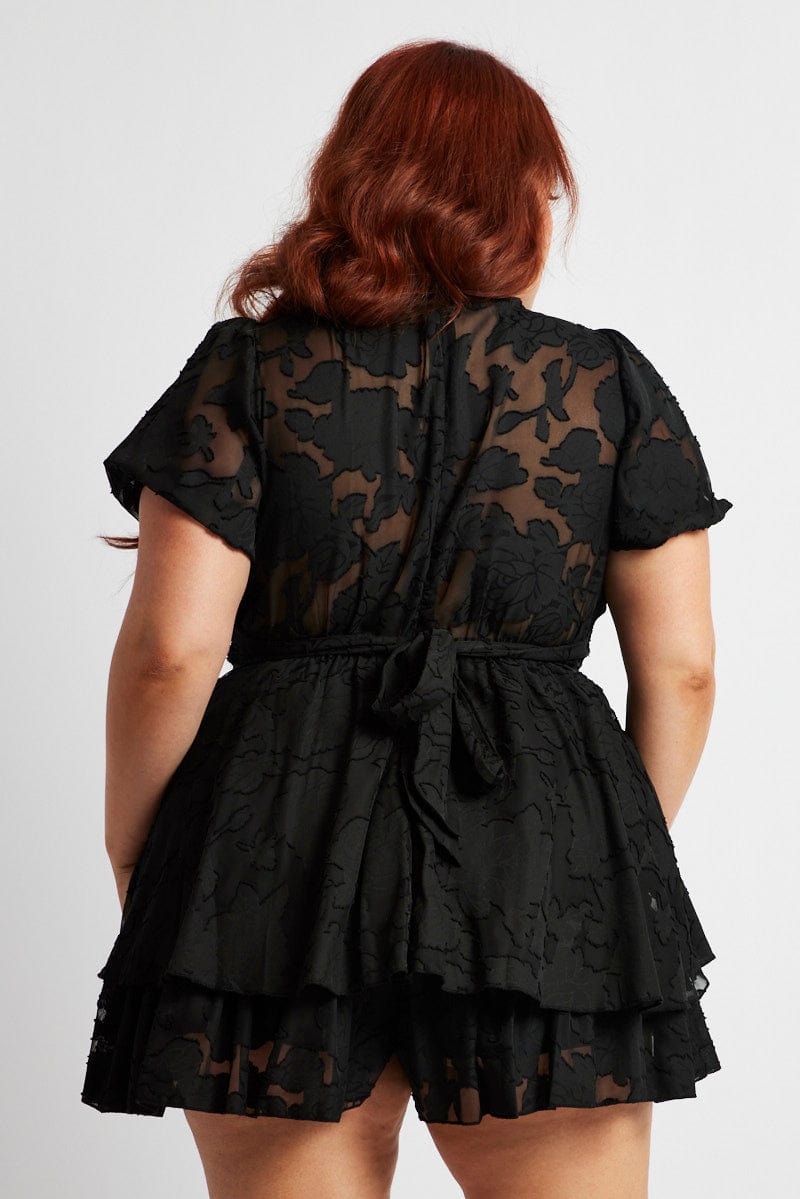 Black Puff Sleeve Jacquard Playsuit Tie Waist for YouandAll Fashion