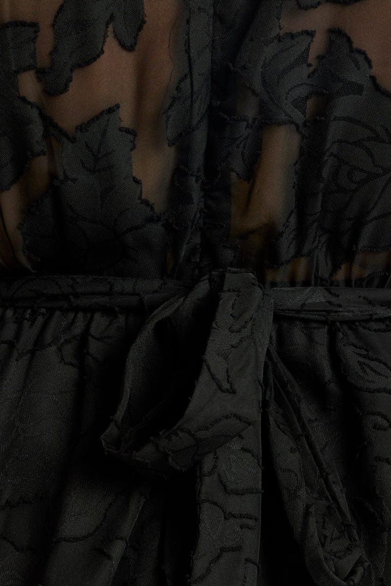 Black Puff Sleeve Jacquard Playsuit Tie Waist