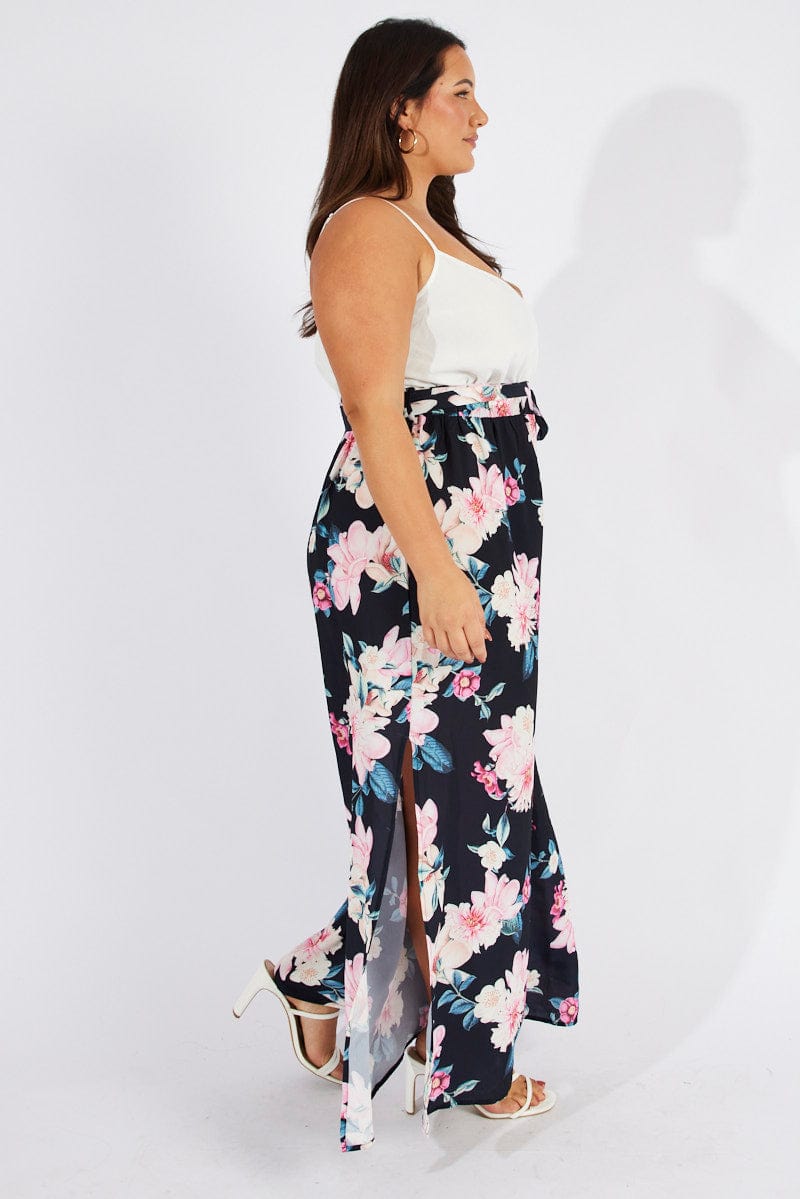 Black Floral Crossover Front Contrast Bodice Jumpsuit for YouandAll Fashion