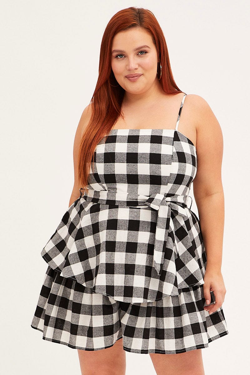 MULTI CHECK Playsuit Sleeveless Tie Waist Gingham Check Cotton