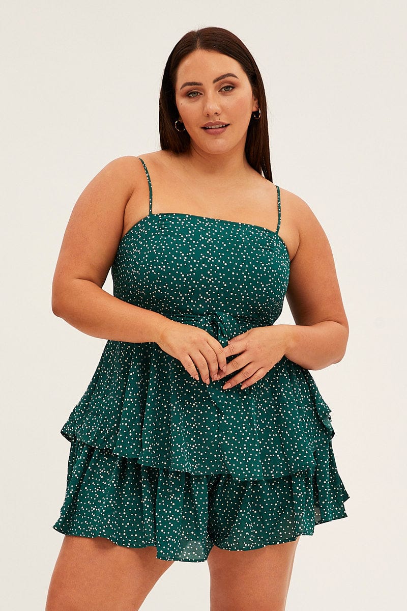 Green Polka Dot Ruffle Playsuit Sleeveless for YouandAll Fashion