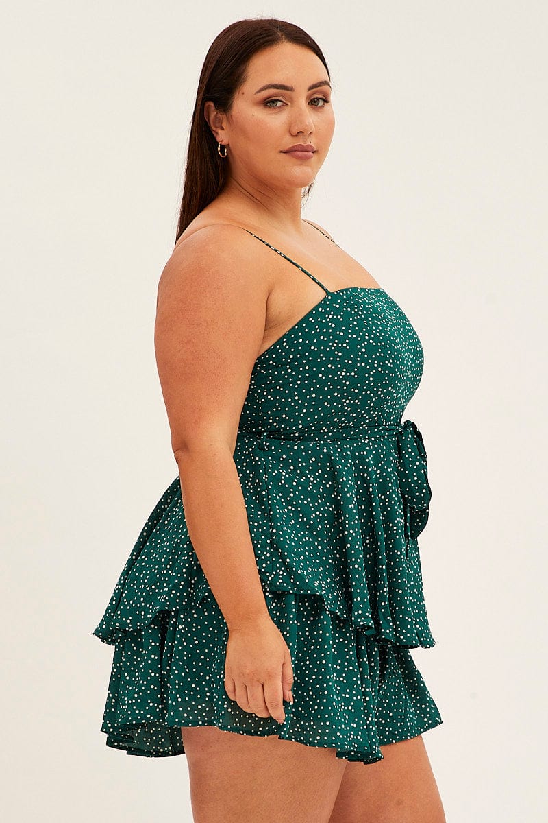 Green Polka Dot Ruffle Playsuit Sleeveless for YouandAll Fashion