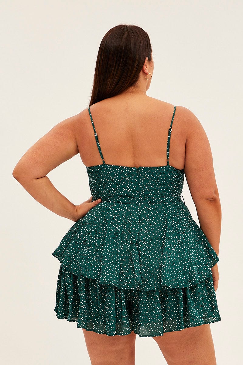 Green Polka Dot Ruffle Playsuit Sleeveless for YouandAll Fashion