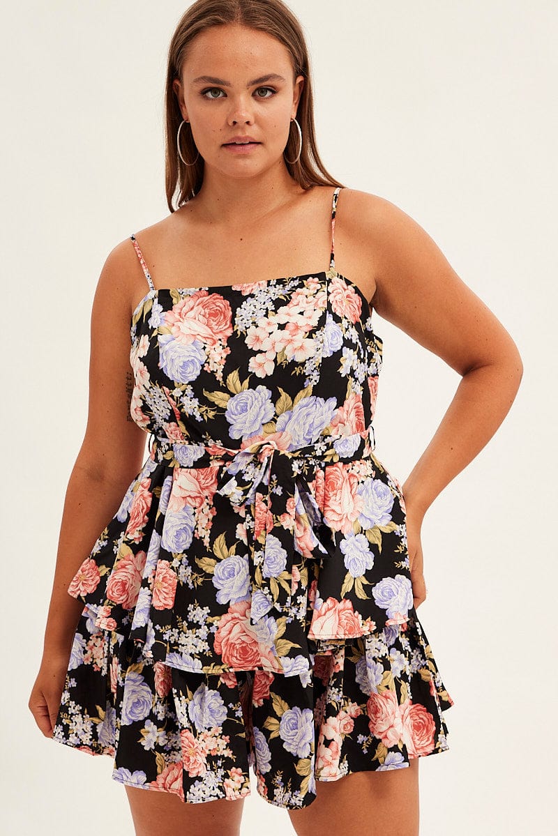 Black Floral Ruffle Playsuit Sleeveless Belted for YouandAll Fashion