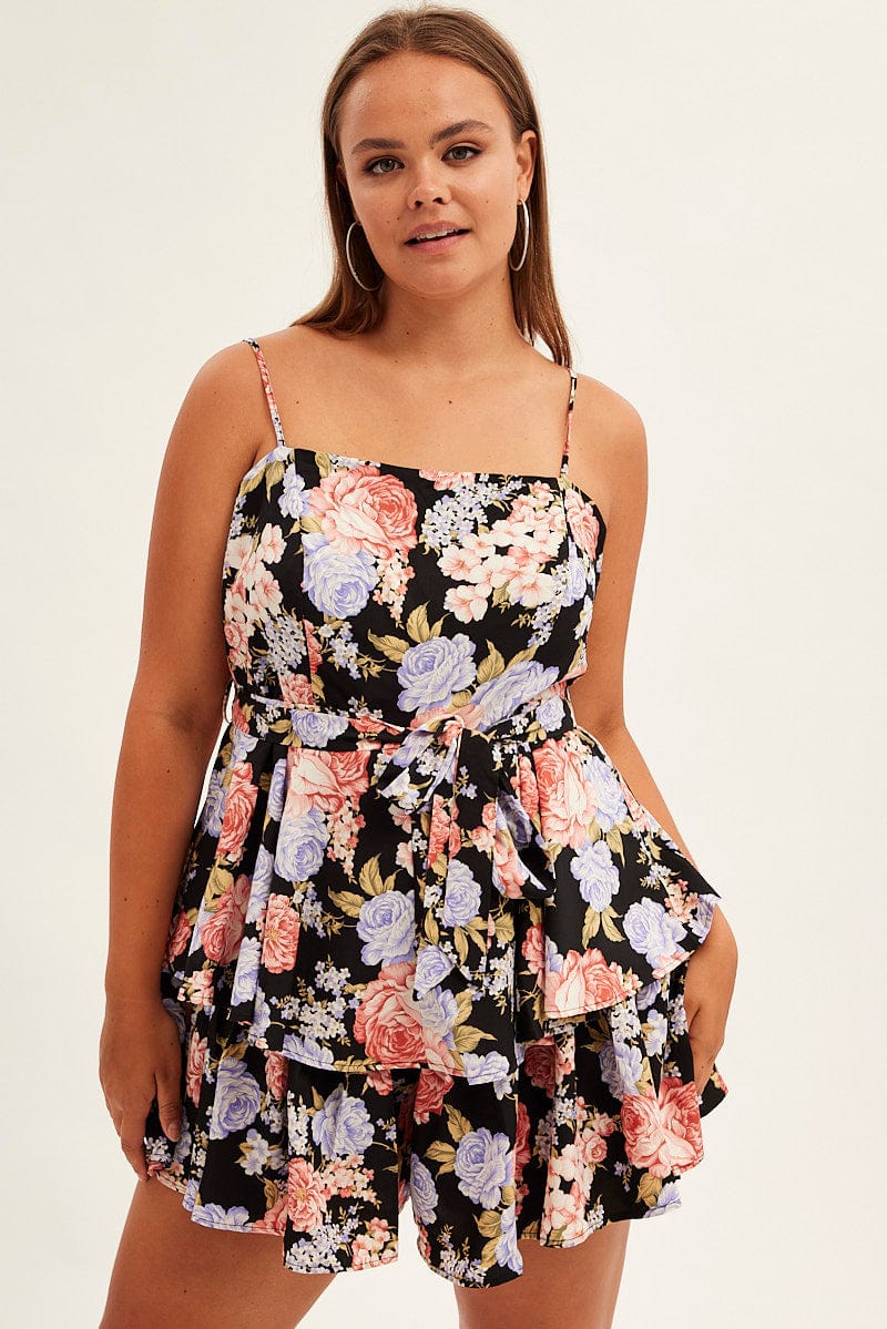 Black Floral Ruffle Playsuit Sleeveless Belted for YouandAll Fashion