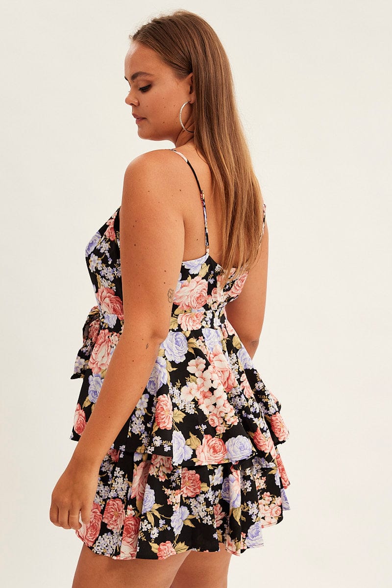 Black Floral Ruffle Playsuit Sleeveless Belted for YouandAll Fashion