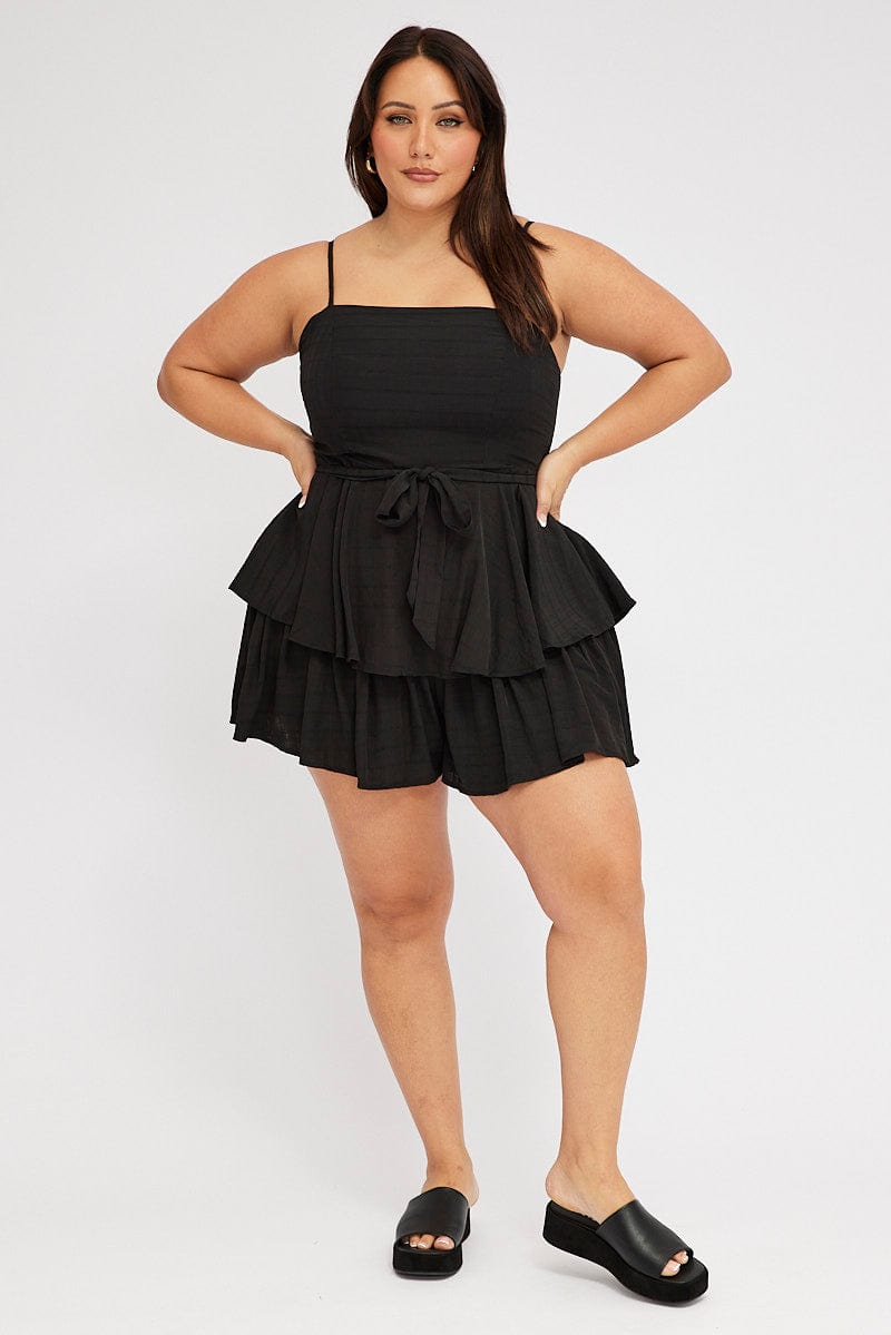 Black Ruffle Playsuit Sleeveless Self Check for YouandAll Fashion