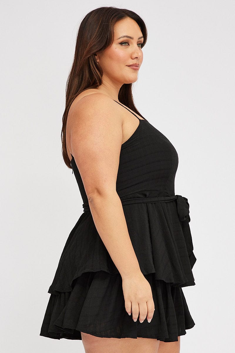 Black Ruffle Playsuit Sleeveless Self Check for YouandAll Fashion