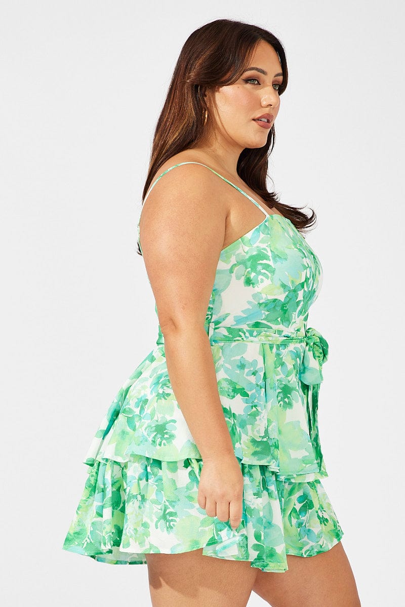 Green Floral Ruffle Playsuit Sleeveless for YouandAll Fashion