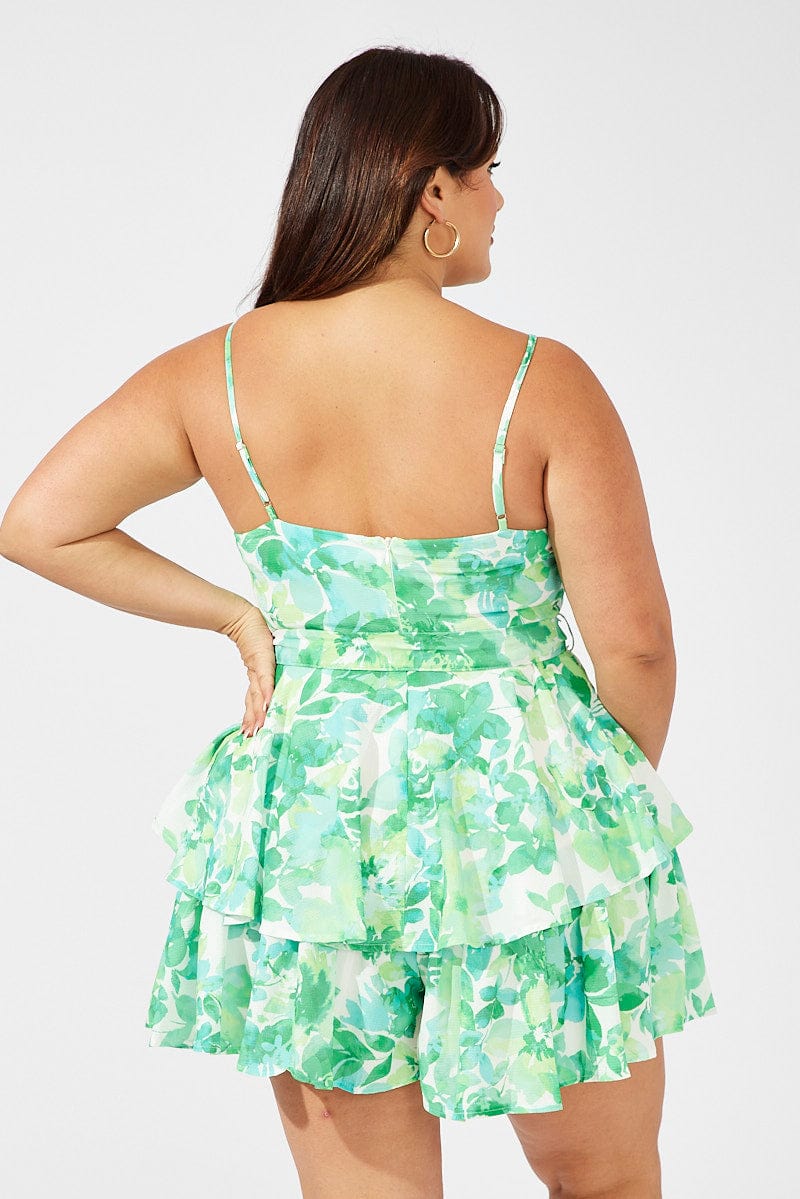 Green Floral Ruffle Playsuit Sleeveless for YouandAll Fashion