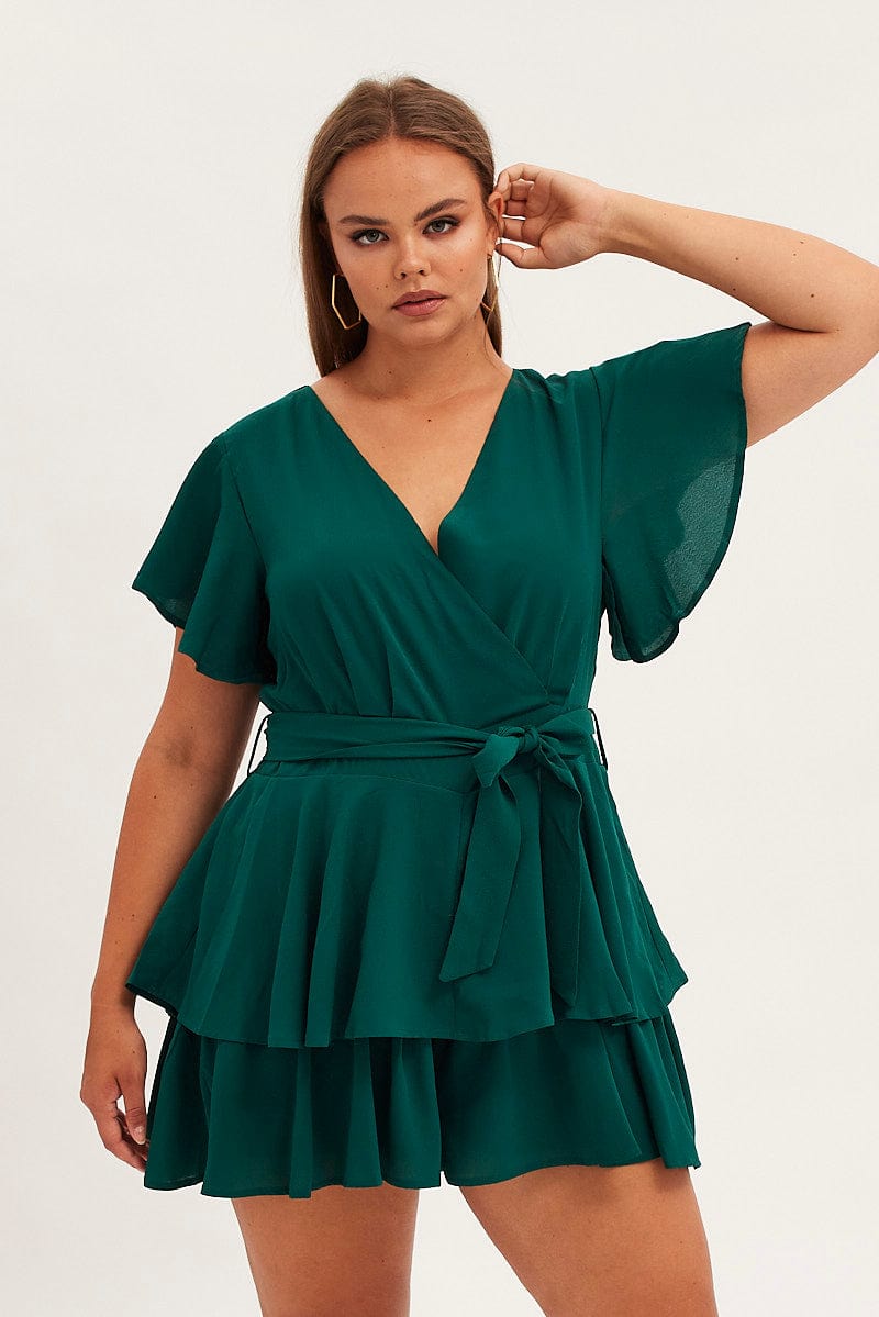 Green Short Playsuit Frill Leg Waist Tie Crepe for YouandAll Fashion