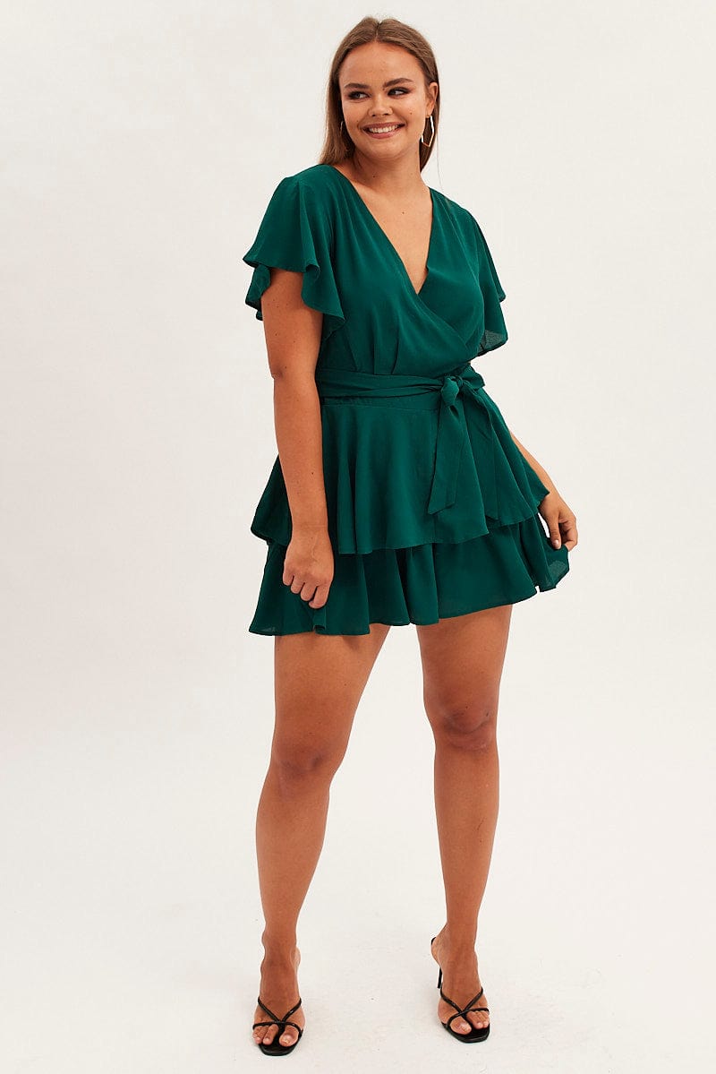 Green Short Playsuit Frill Leg Waist Tie Crepe for YouandAll Fashion