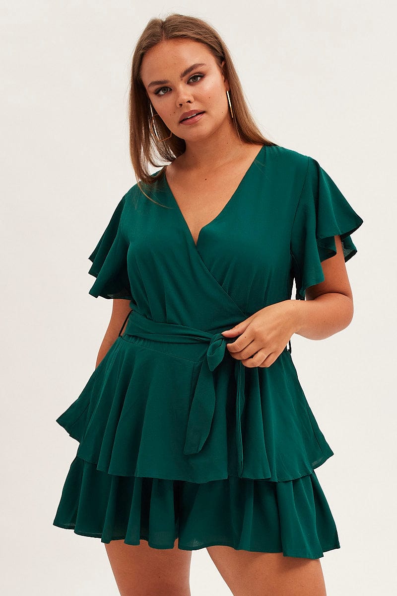 Green Short Playsuit Frill Leg Waist Tie Crepe for YouandAll Fashion