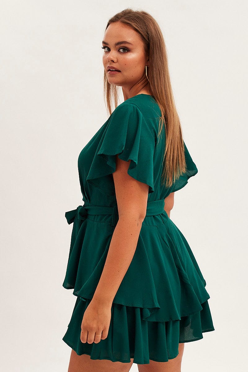 Green Short Playsuit Frill Leg Waist Tie Crepe for YouandAll Fashion