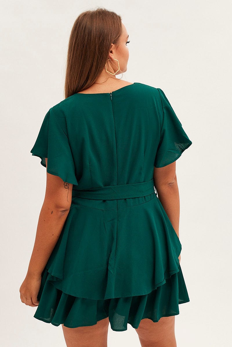 Green Short Playsuit Frill Leg Waist Tie Crepe for YouandAll Fashion