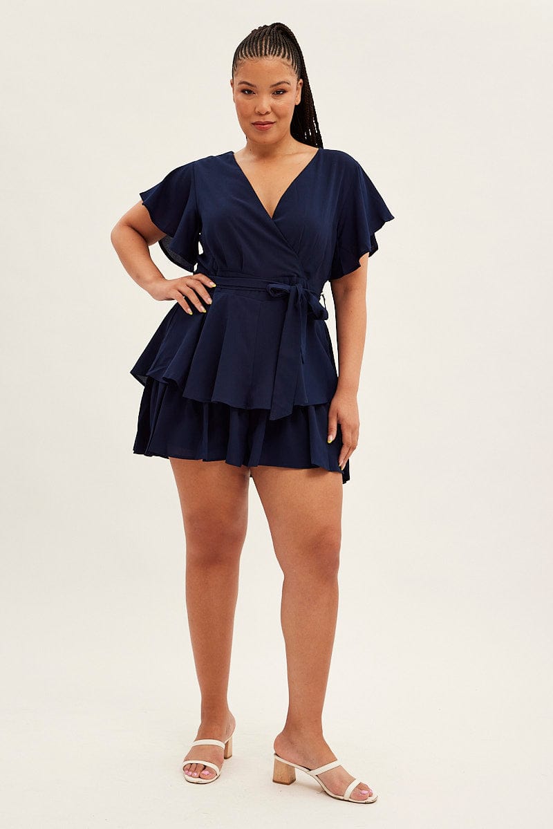 Blue Short Playsuit Frill Leg Waist Tie Crepe for YouandAll Fashion