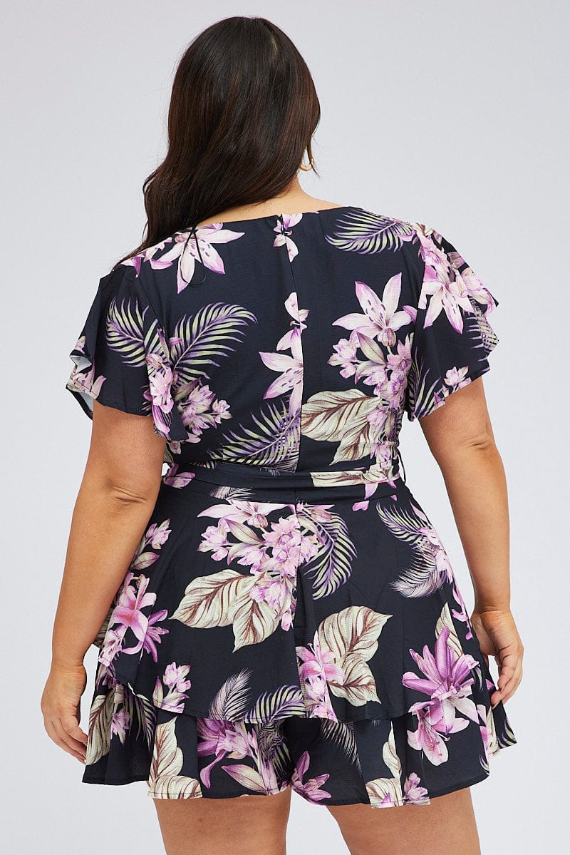 Multi Floral Short Playsuit Flare Sleeve Crepe Tropical for YouandAll Fashion