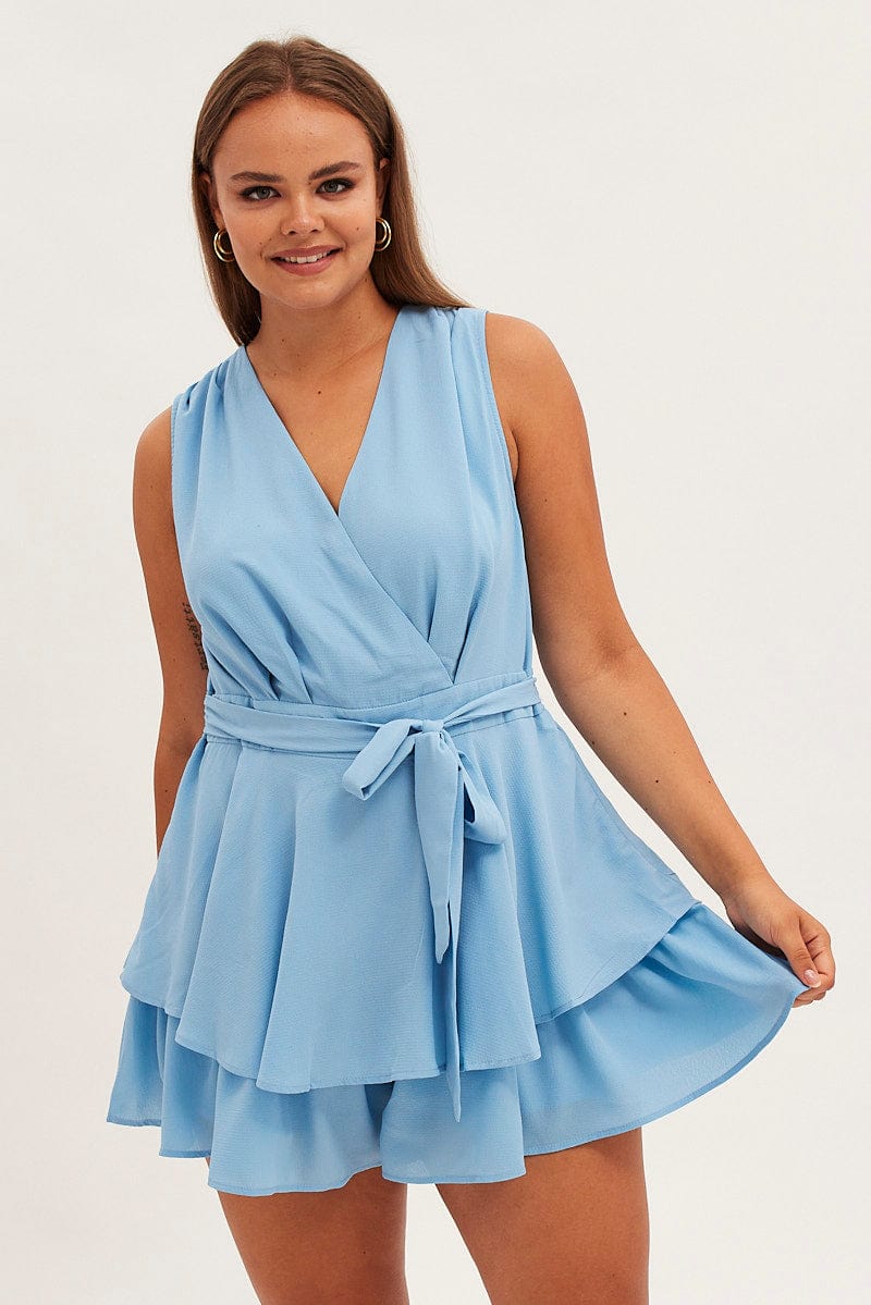 Blue Frill Playsuit Sleeveless V Neck Poly Crepe for YouandAll Fashion