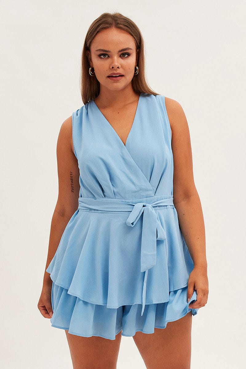 Blue Frill Playsuit Sleeveless V Neck Poly Crepe for YouandAll Fashion