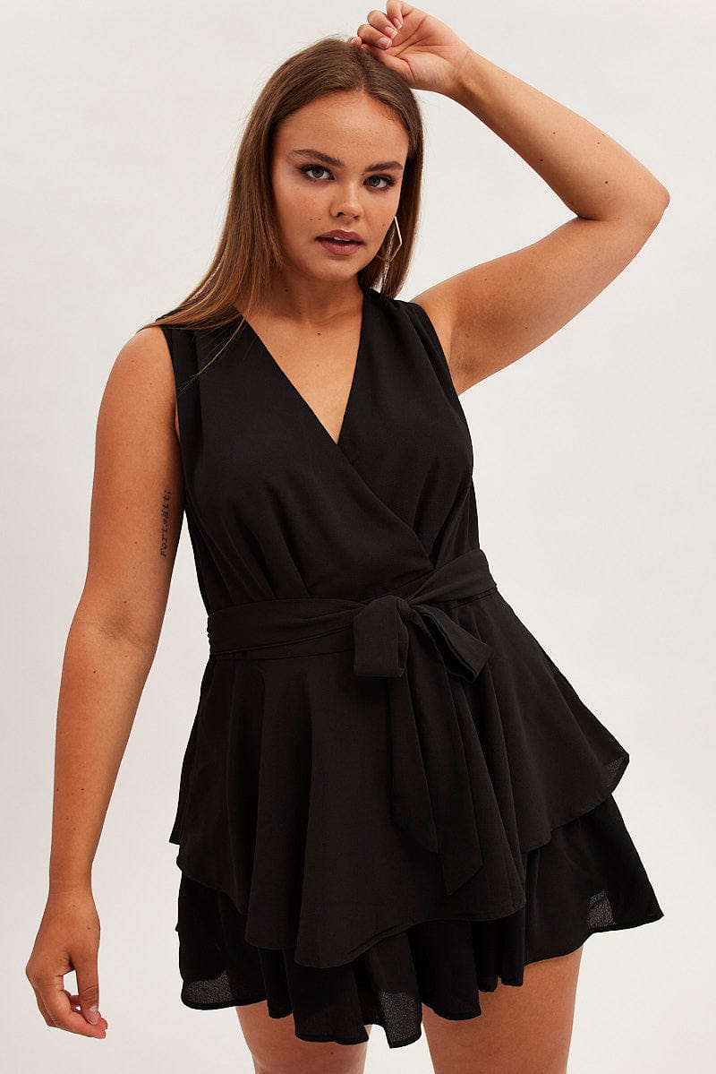 Black Frill Playsuit Sleeveless V Neck Poly Crepe for YouandAll Fashion