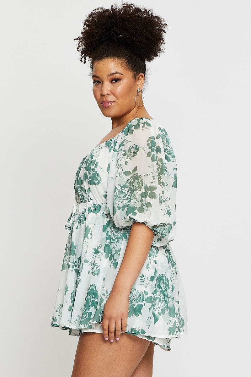 Floral Prt 3/4 Sleeve Green Print Gather Flowy Playsuit For Women By You And All