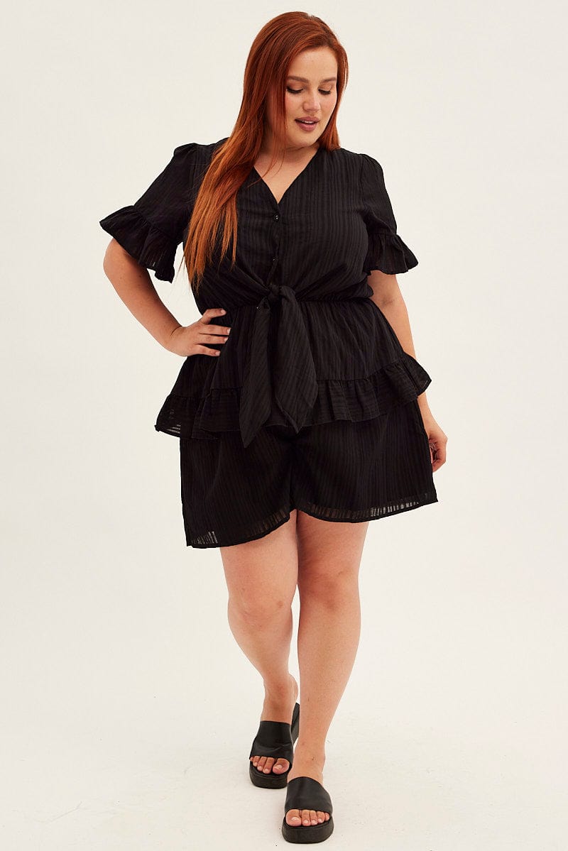 Black Short Playsuit Flare Sleeve Tie Front for YouandAll Fashion