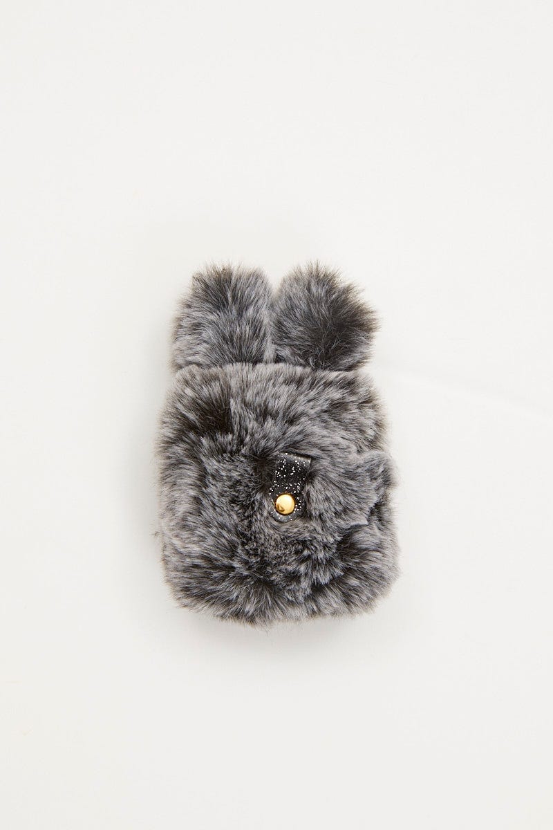 Grey Faux Fur Bunny Air Pod Case With Ears for Women by You and All