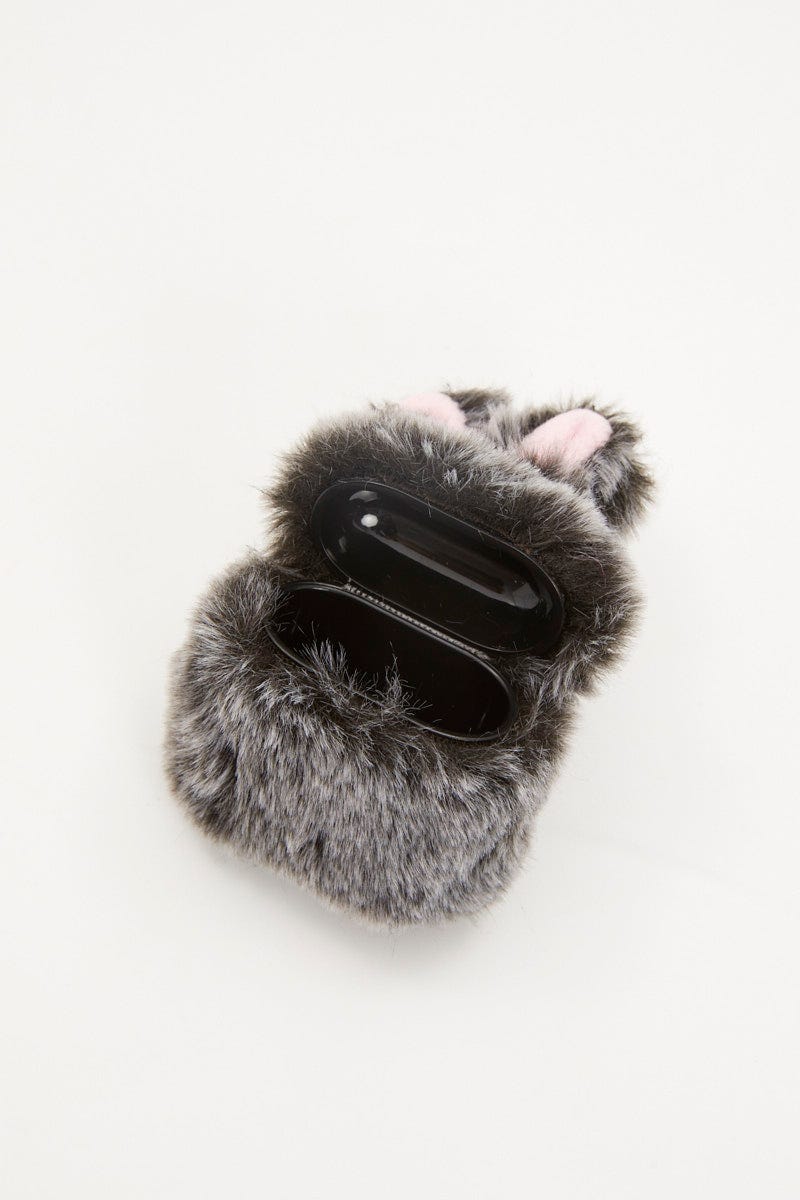 Grey Faux Fur Bunny Air Pod Case With Ears for Women by You and All