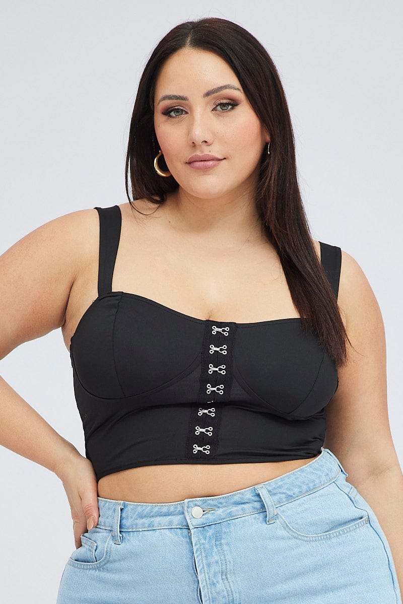 Black Stretch Corset Top Hook And Eye Front Cropped for YouandAll Fashion