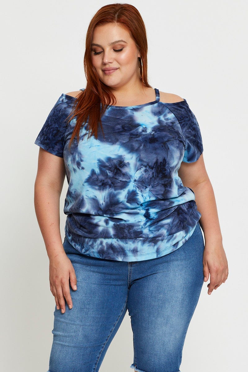Multi Plus Cold Shoulder Tie Dye Top For Women By You And All